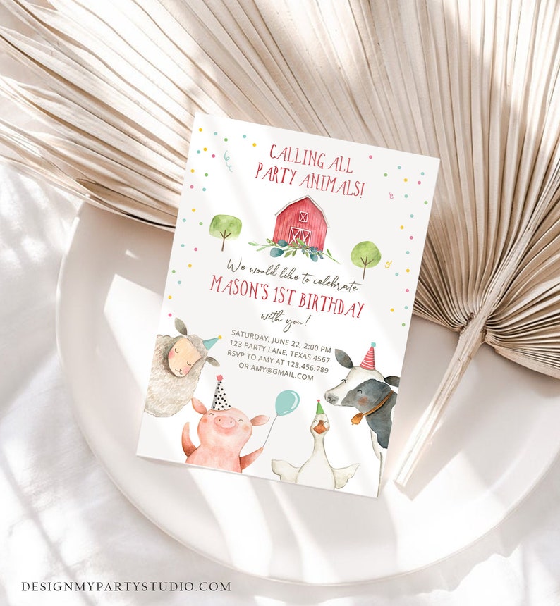 Editable Farm Animals Birthday Invitation Boy Farm Barnyard First Birthday Party Animals Confetti Download Corjl Template Printable 0155 image 2