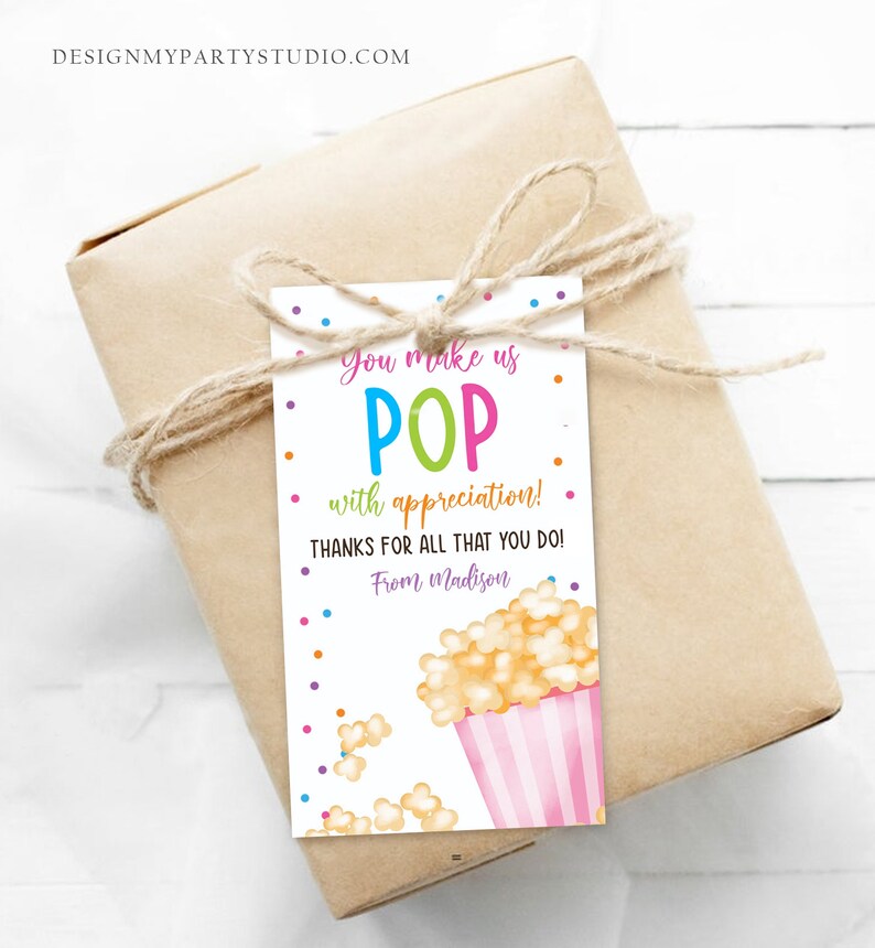 Editable Teacher Appreciation Tag Popcorn Thank You Tag Teacher Tag ...