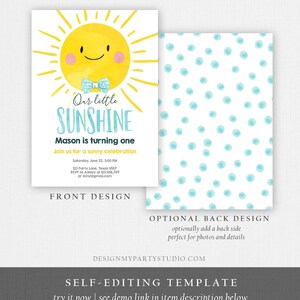 May include: A two-sided invitation with a sunny theme. The front features a smiling yellow sun with a blue bow tie and the text "Our little SUNSHINE". The back has a pattern of blue watercolor dots. The invitation is for a first birthday.