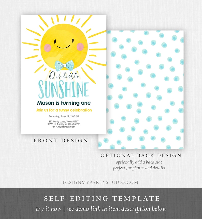 May include: A two-sided invitation with a sunny theme. The front features a smiling yellow sun with a blue bow tie and the text "Our little SUNSHINE". The back has a pattern of blue watercolor dots. The invitation is for a first birthday.
