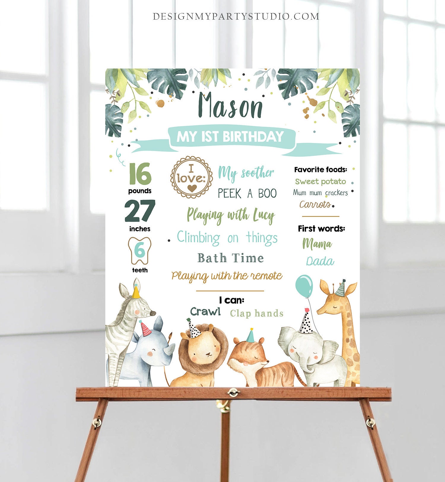 Editable Safari Animals Birthday Milestones Sign Green and Gold Boy Birthday  Zoo Jungle 1st Birthday Download Template Printable Corjl 0163 - Etsy, image size:1500x1625