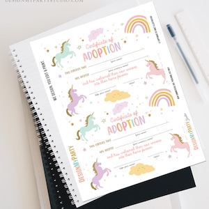 Adopt a Unicorn Certificate Unicorn Adoption Unicorn Birthday Party ...