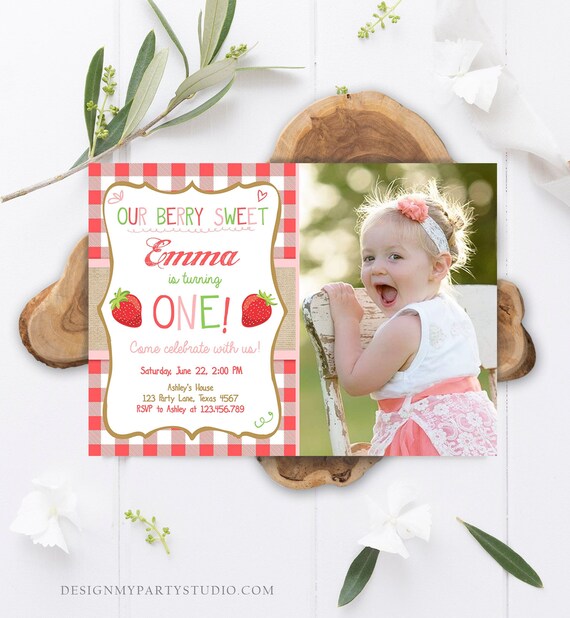 Editable Strawberry Birthday Invitation First Birthday Farmers Market Girl Download Printable Invite ANY AGE Template Corjl Digital 0091 Il_570xn