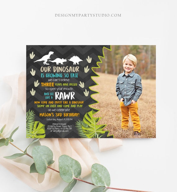 Editable Dinosaur Birthday Invitation Dino Dig Party Prehistoric Boy Chalk T-Rex Photo Digital Download Printable Template Corjl 0043 Il_570xn