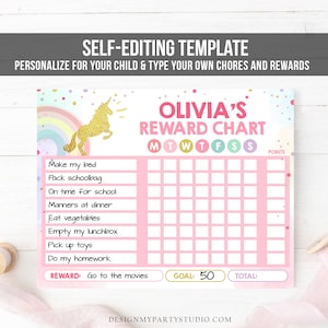 Editable Unicorn Reward Chart for Girls Unicorn Chore Chart for Kids Routine Chart Pink Purple Rainbow Gold Printable Corjl Template 0041