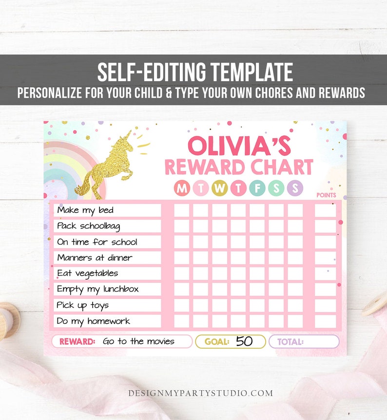 editable unicorn reward chart for girls unicorn chore