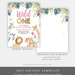 May include: A printable invitation for a first birthday party with a jungle theme. The invitation features a pink and gold "Wild One" title with a giraffe, zebra, lion, tiger, and elephant illustrations. The text includes the date, time, and RSVP information.