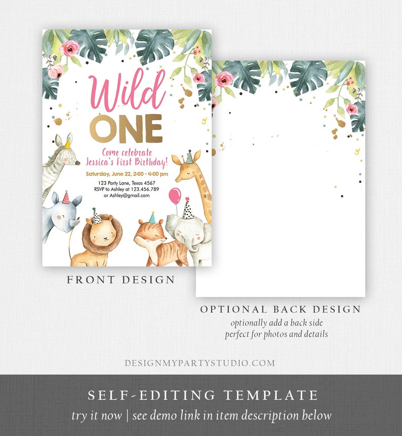 May include: A printable invitation for a first birthday party with a jungle theme. The invitation features a pink and gold "Wild One" title with a giraffe, zebra, lion, tiger, and elephant illustrations. The text includes the date, time, and RSVP information.