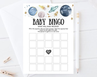 Editable Baby Bingo Baby Shower Game Outer Space Planets Houston We Have a Boy Rocket Gold Neutral Activity Corjl Template Printable 0357