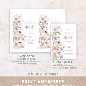 May include: Printable invitation for a first birthday party with a wild one theme. The invitation features a watercolor illustration of wildflowers, butterflies, and bees. The text on the invitation reads "She's a Wild One" and "Join us to celebrate [Name]'s First Birthday". The invitation also includes the date and time of the party.