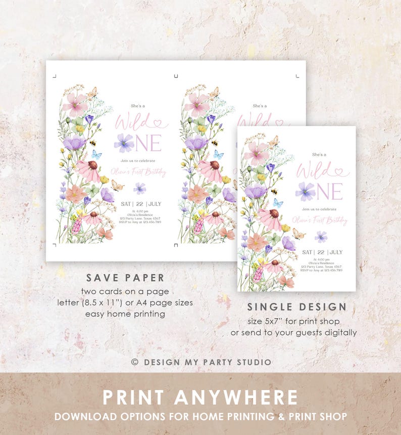 May include: Printable invitation for a first birthday party with a wild one theme. The invitation features a watercolor illustration of wildflowers, butterflies, and bees. The text on the invitation reads "She's a Wild One" and "Join us to celebrate [Name]'s First Birthday". The invitation also includes the date and time of the party.