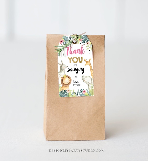 Editable Favor tags Safari Animals Wild One Birthday Thank you tags Jungle Girl Gold Pink Swinging By Gift tags Zoo Template Corjl 0163 Il_570xn