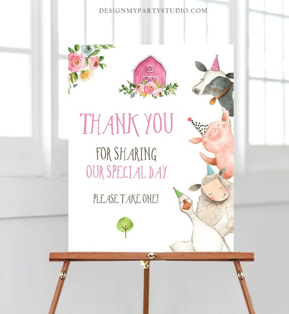 Editable Pink Farm Birthday Thank You Sign Girl Barnyard Birthday Favor Sign Farm Animals Favor Table Template Corjl PRINTABLE 0155 Il_570xn