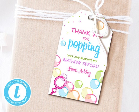 Bubbles Favor tags Birthday Thank you tags Popping over Labels Bubble Birthday Gift tags Girl Pink Editable Templett template PRINTABLE 0035 Il_570xn