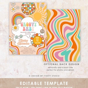 May include: A groovy baby shower invitation with a psychedelic design featuring a rainbow, a disco ball, a sun, and flowers. The invitation text reads "Groovy Baby" and includes the date and time of the shower. The back of the invitation features a swirling pattern in shades of orange, pink, and blue.