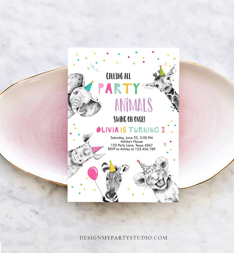 May include: A colorful party invitation with a jungle animal theme. The invitation features a zebra, a lion, a giraffe, and an elephant wearing party hats. The text on the invitation reads "Calling all party animals swing on over! Olivia is turning 3. Saturday, June 22, 2:00 PM Ashley's House 123 Party Lane, Texas 4567 RSVP to Ashley at 123.456.789"
