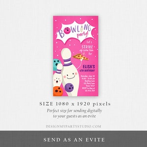 Editable Bowling Birthday Evite Strike Up Some Fun Girl Bowling Party Pizza Pink Download Phone Invitation Digital Template Corjl 0324 image 5