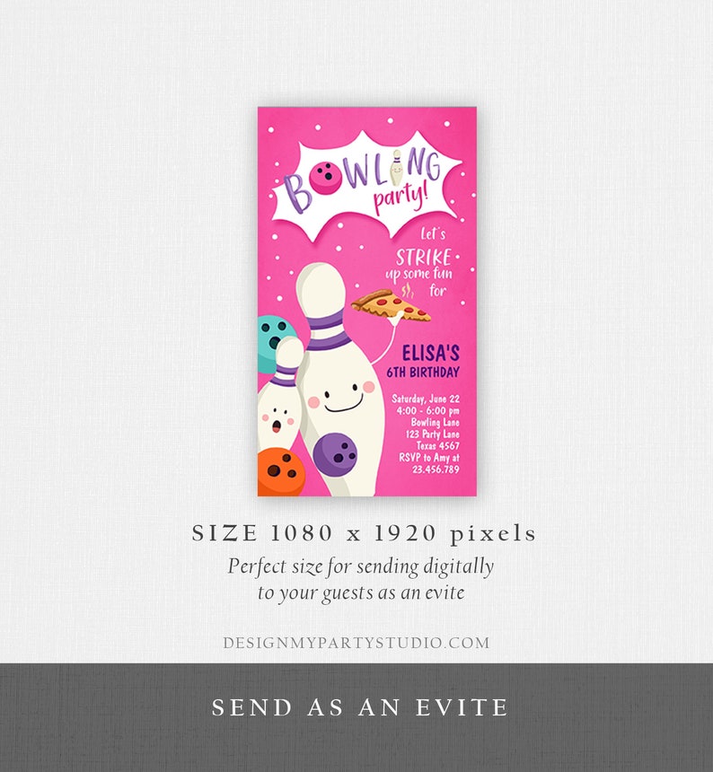 Editable Bowling Birthday Evite Strike Up Some Fun Girl Bowling Party Pizza Pink Download Phone Invitation Digital Template Corjl 0324 image 5