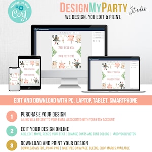 May include: A digital design template for a party invitation featuring a pink pig, a white goose, and a black and white cow wearing party hats. The text "YOUR TEXT HERE" is displayed on the template. The template can be edited and downloaded online.