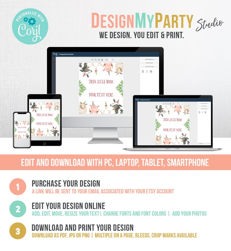 May include: A digital design template for a party invitation featuring a pink pig, a white goose, and a black and white cow wearing party hats. The text "YOUR TEXT HERE" is displayed on the template. The template can be edited and downloaded online.