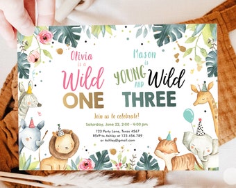 Editable Safari Animals Joint Birthday Invitation Boy Girl Wild One and Three Combined Party Zoo Wild and Three Template Digital Corjl 0163