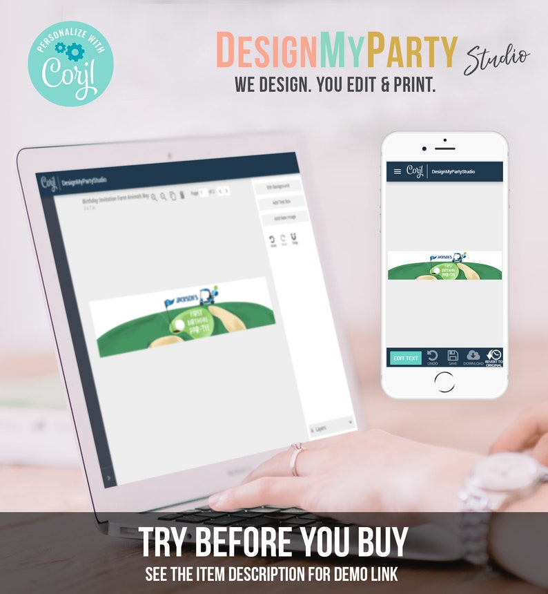 Puede incluir: Una pantalla de computadora que muestra una plantilla de dise&ntilde;o de invitaci&oacute;n de cumplea&ntilde;os con tem&aacute;tica de golf. El dise&ntilde;o presenta un campo de golf verde con una pelota de golf, un carrito de golf y el texto "First Birthday Bash". La pantalla est&aacute; en una computadora port&aacute;til con un teclado y una mano que se cierne sobre el teclado. El texto "TRY BEFORE YOU BUY" se muestra debajo de la computadora port&aacute;til.