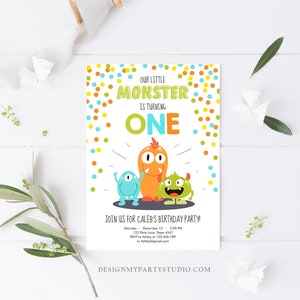 Editable Little Monster Birthday Invitation First Birthday Party Monsters Boy Confetti 1st Orange Blue One Printable Corjl Template 0058 image 2