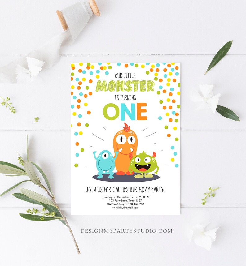 Editable Little Monster Birthday Invitation First Birthday Party Monsters Boy Confetti 1st Orange Blue One Printable Corjl Template 0058 image 2