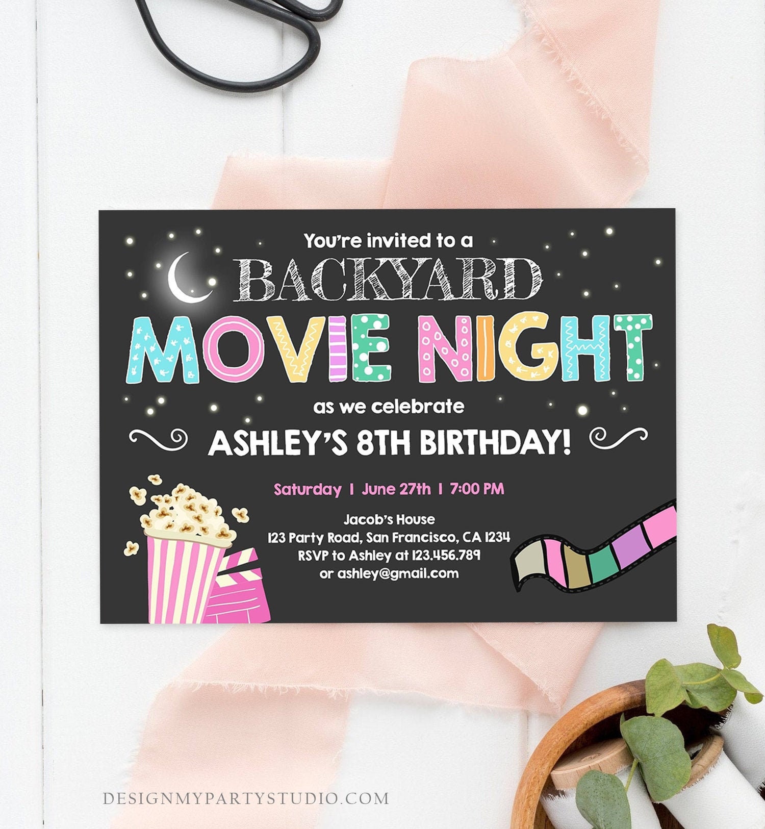 Sleepover Birthday Party Movie Night Invitation Girls or Boys' Movie ...