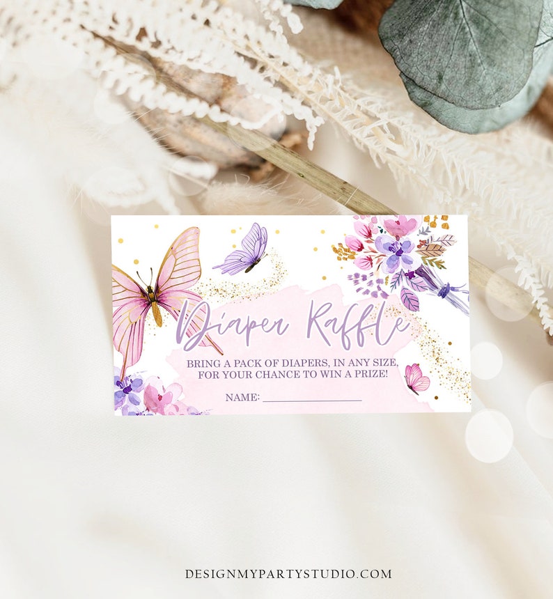 May include: Purple and pink floral diaper raffle ticket with a butterfly design and gold glitter. The text reads "Diaper Raffle" and "Bring a pack of diapers, in any size, for your chance to win a prize!" with a line for a name.