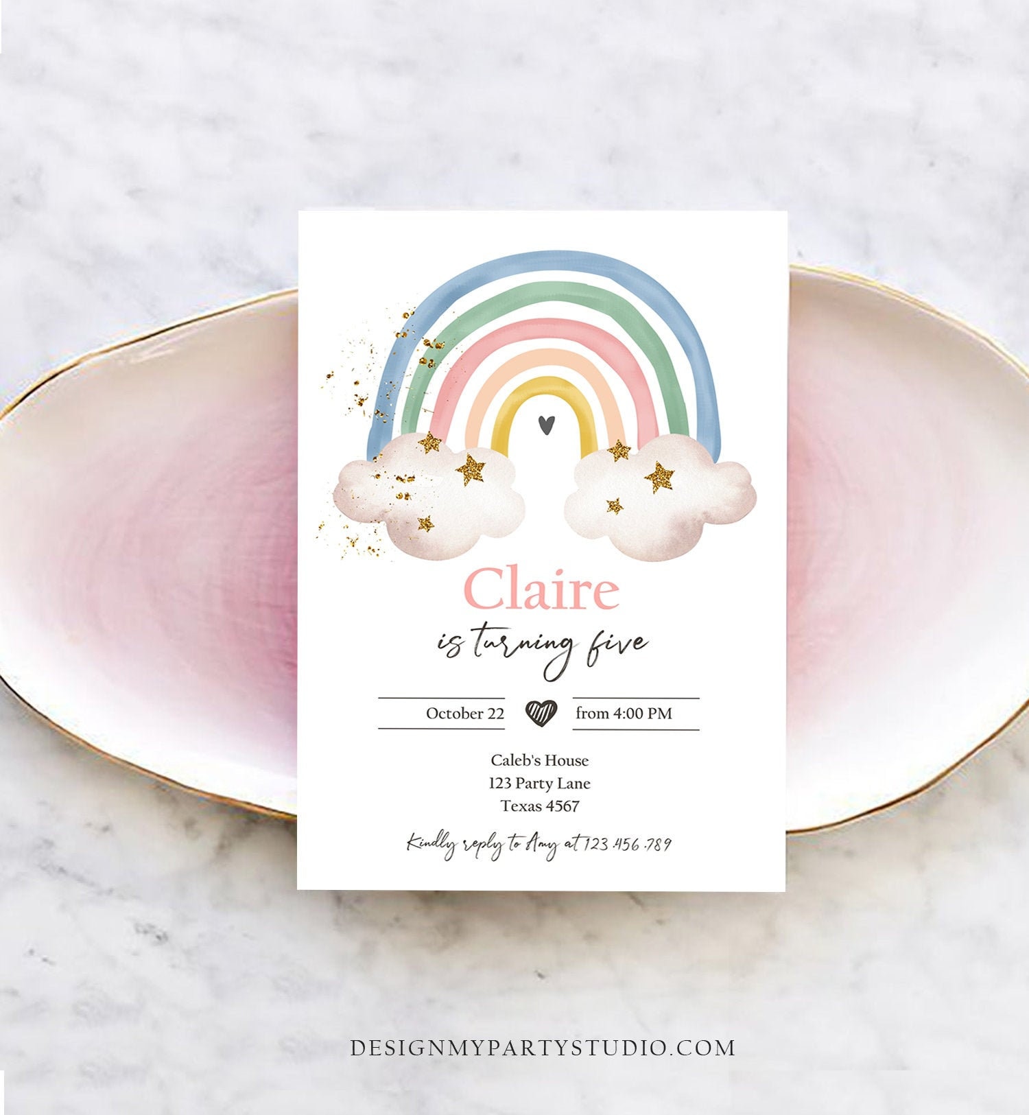 Editable Rainbow Birthday Invitation Pastel Rainbow Invite Etsy