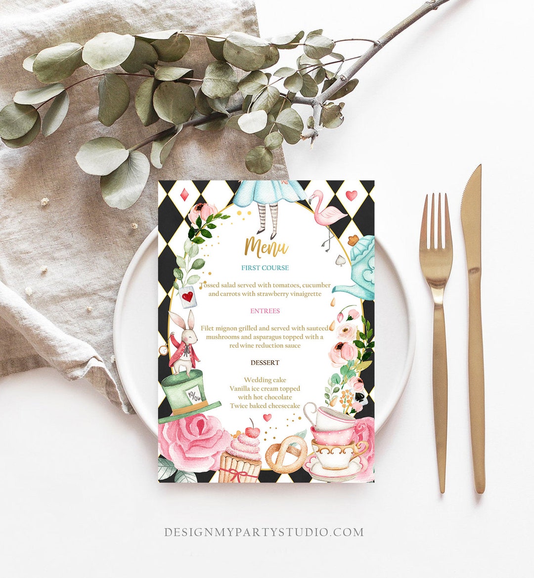 Editable Alice in Wonderland Menu Card Alice in Onederland Birthday Editable Alice in Wonderland Menu Card Alice in Onederland Birthday