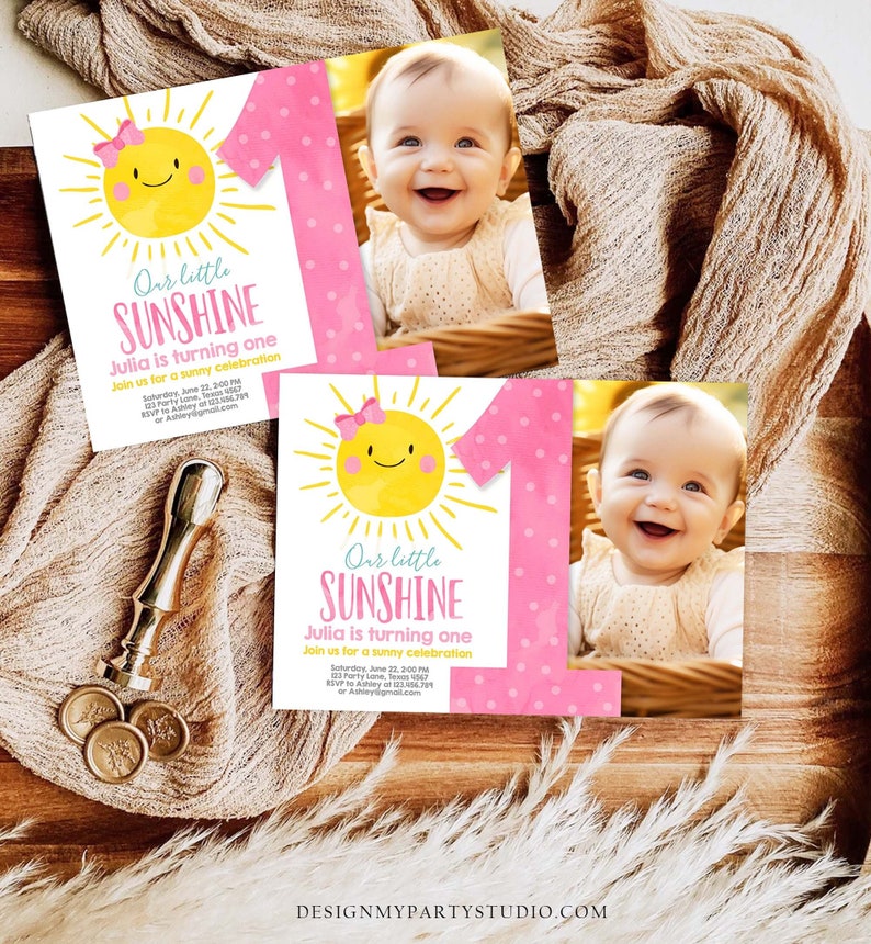 Editable Our Little Sunshine Birthday Invitation Sunshine Party Pink Girl Summer First Birthday Download Printable Corjl Template 0141 image 1