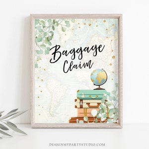 Baggage Claim Sign Travel Adventure Bridal Shower Wedding Birthday Eucalyptus Globe Suitcase Gold Confetti Instant Download Printable 0030