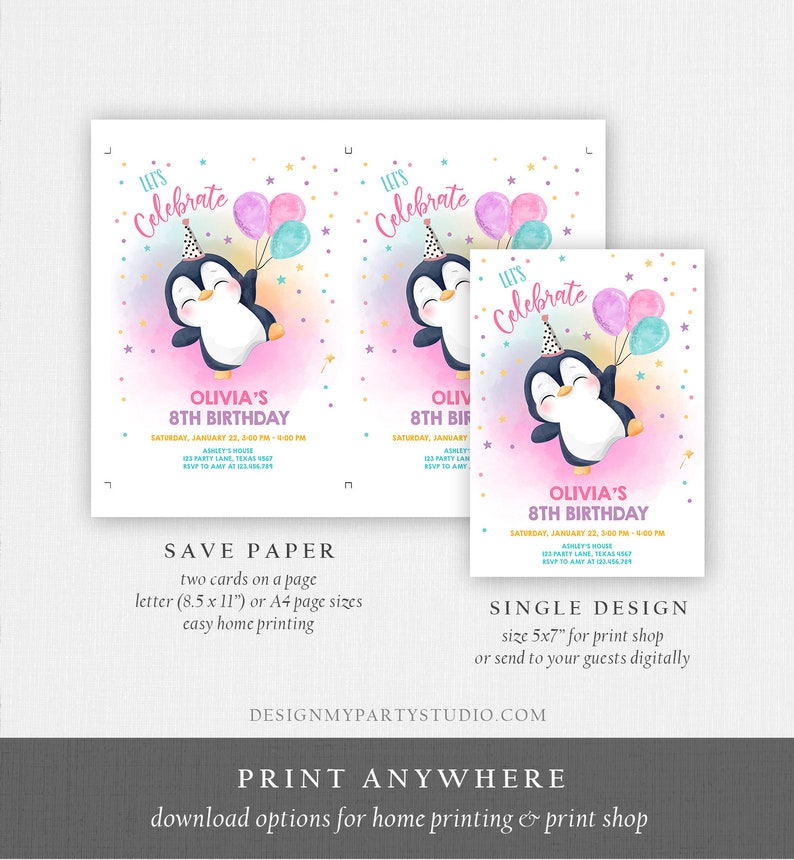 May include: Printable invitation for an 8th birthday party featuring a cartoon penguin holding balloons. The invitation is pink and blue with gold glitter accents. The text on the invitation reads "Let's Celebrate Olivia's 8th Birthday".