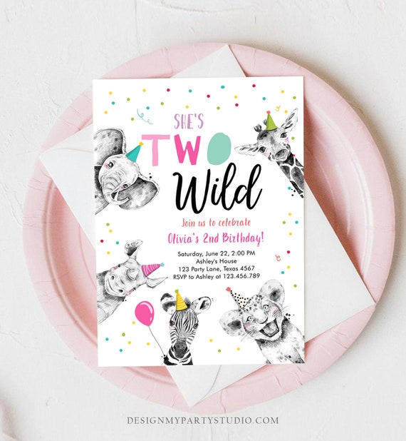 Editable Two Wild Birthday Invitation Safari Animals Party Animals Girl Pink Gold Second Birthday 2nd Confetti Corjl Template Printable 0390 Il_570xn