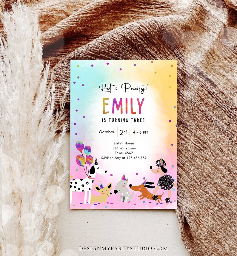 Editable Dog Birthday Party Invitation Puppy Birthday Invite Pink Girl ...
