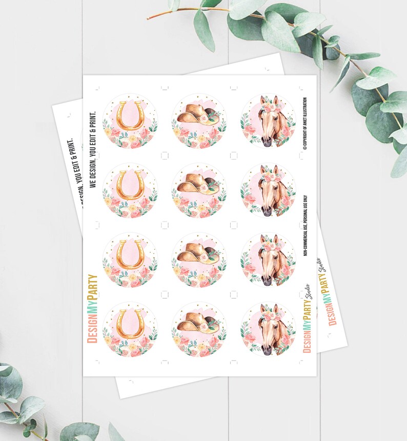 May include: Printable sheet of 12 round stickers featuring a pink floral design with a horseshoe, cowboy hat, and horse head. The stickers are perfect for party favors, gifts, or decorations.