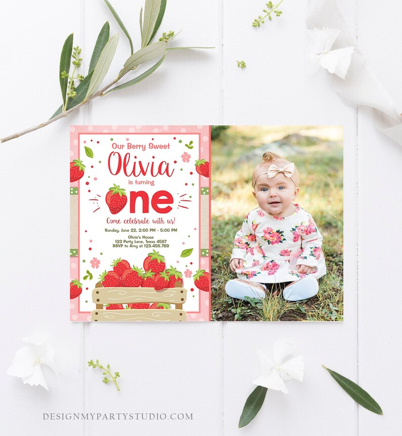 Editable Strawberry Birthday Invitation Girl First Birthday Berry Sweet Pink Download Printable Invitation Template Digital Corjl 0091 image 1