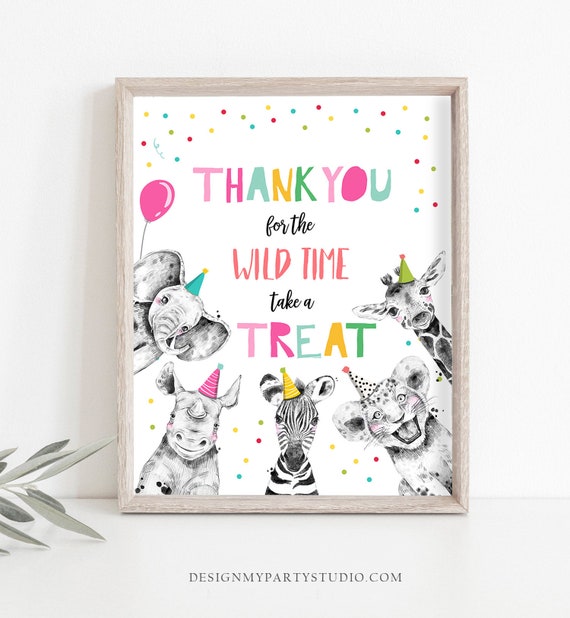 Thank You Wild Time Birthday Sign Party Take a Treat Sign Safari Animals Party Animals Zoo Girl Pink Decor Instant Download Printable 0390 Il_570xn