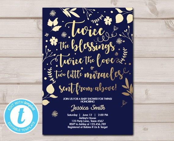 Twin Baby Shower Invitation Twins Gold Navy Blessings Rustic Modern