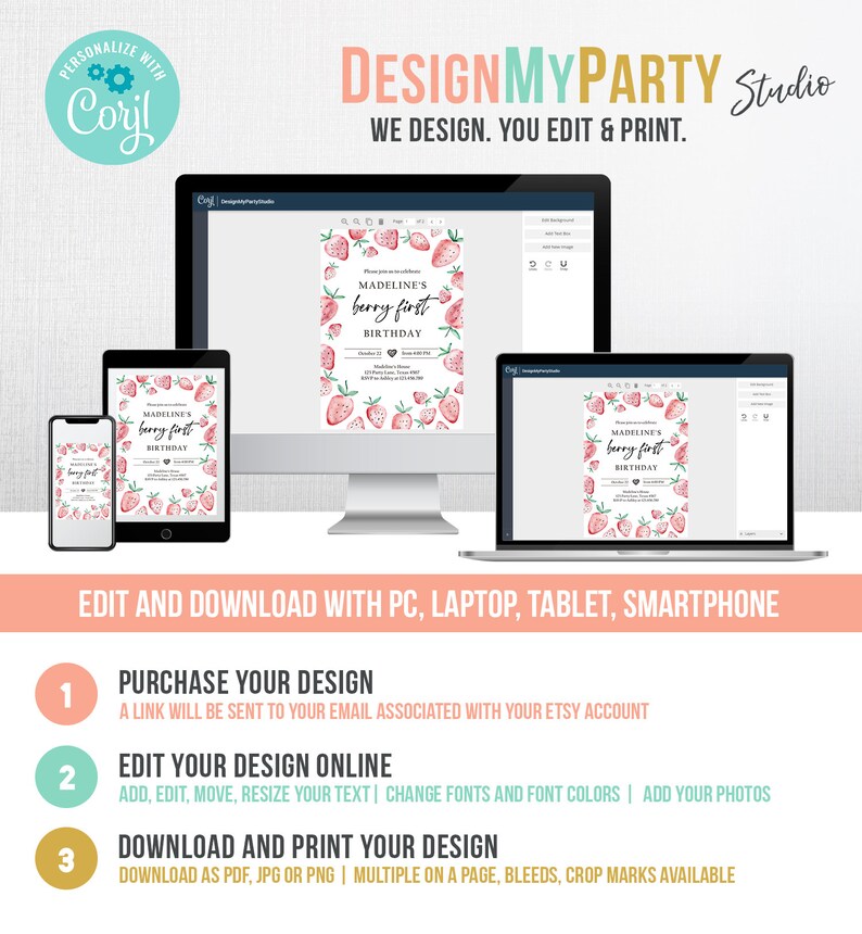 May include: A digital design template for a birthday invitation with a strawberry theme. The invitation features a watercolor illustration of strawberries and the text "Madeline's Berry First Birthday". The template can be edited and downloaded online.