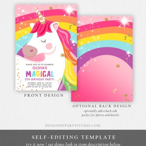 Editable Unicorn Birthday Invitation Magical Unicorn Party Girl Pink Gold Unicorn Invite Rainbow Printable Corjl Template Digital 0323 image 6