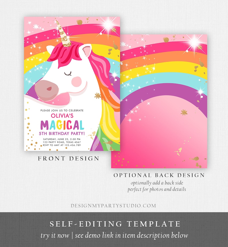 Editable Unicorn Birthday Invitation Magical Unicorn Party Girl Pink Gold Unicorn Invite Rainbow Printable Corjl Template Digital 0323 image 6