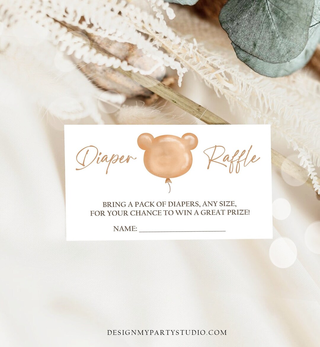 Editable Boho Teddy Bear Diaper Raffle Ticket Bear Baby Shower Insert Card Diaper Game Neutral ...