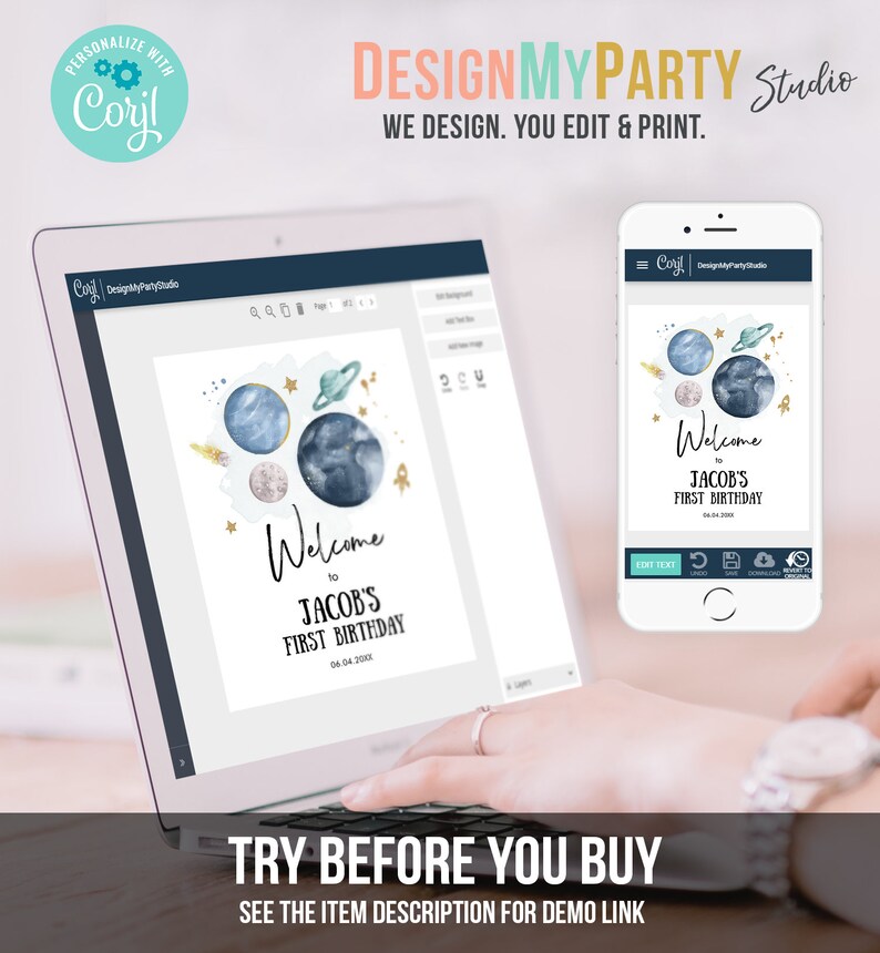 May include: A digital mockup of a printable welcome sign for a first birthday party. The sign features a watercolor illustration of planets and stars in shades of blue, gold, and white. The text on the sign reads "Welcome to Jacob's First Birthday 04.04.20XX".