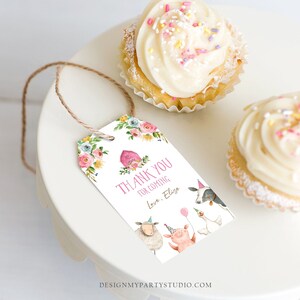 May include: Pink and white thank you tag with a watercolor illustration of a farm scene. The tag says "Thank You for Coming Love, Elise".