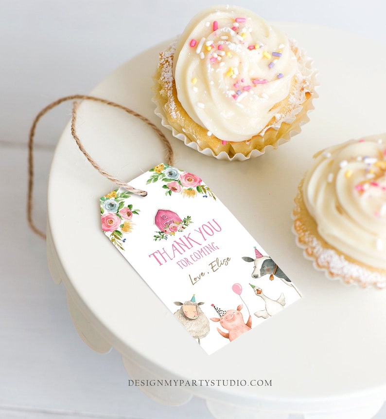 May include: Pink and white thank you tag with a watercolor illustration of a farm scene. The tag says "Thank You for Coming Love, Elise".