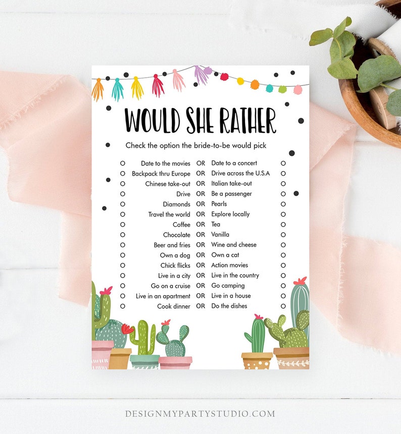 Editable Would She Rather Bridal Shower Game Cactus Fiesta Mexican Coed Shower Succulent Wedding Activity Corjl Template Printable 0254 image 2