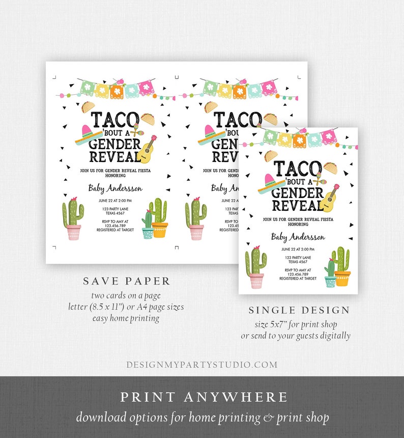 Editable Taco Bout a Gender Reveal Invitation Cactus Mexican Fiesta He or She Boy or Girl Party Download Printable Corjl Template 0161 image 4